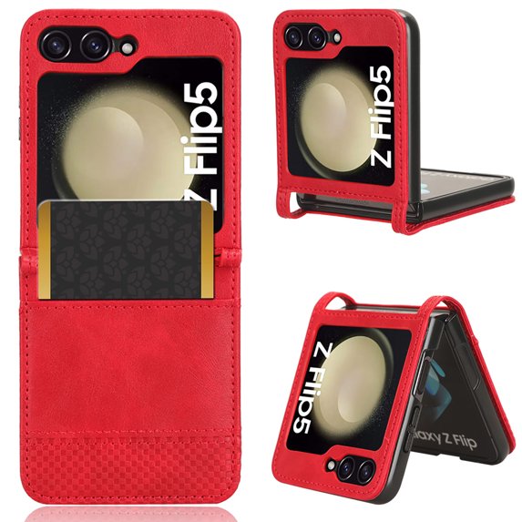 ELEHOLD Leather Wallet Case for Samsung Galaxy Z Flip 5 Case,Premium PU Leather with Credit Card Slots Pocket Shockproof Protective Shell Cover for Samsung Z Flip 5 for Men Women,Red