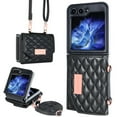 thumbnail image 1 of ELEHOLD Leather Wallet Case For Samsung Galaxy Z Flip 5, PU Leather Crossbody Strap Card Slots Drop Protective Phone Case Hinge Cover, Stand Feature, Black, 1 of 9