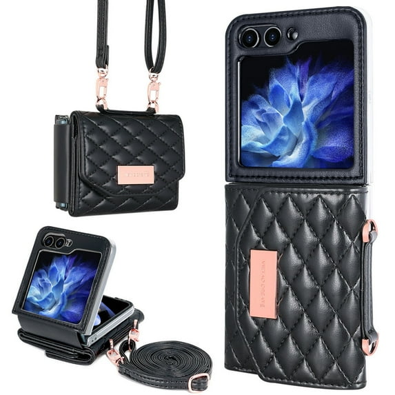 ELEHOLD Leather Wallet Case For Samsung Galaxy Z Flip 5, PU Leather Crossbody Strap Card Slots Drop Protective Phone Case Hinge Cover, Stand Feature, Black