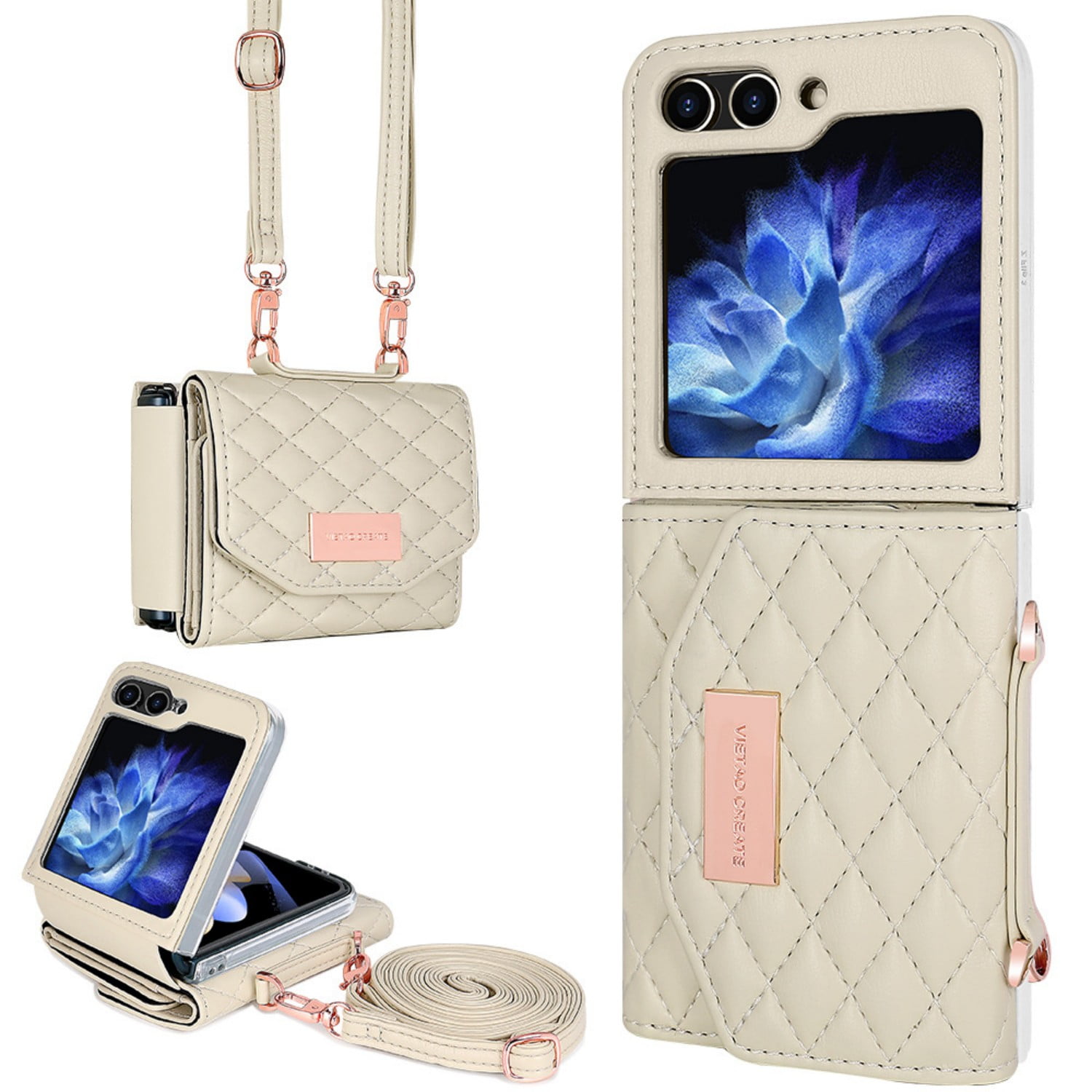ELEHOLD Leather Wallet Case For Samsung Galaxy Z Flip 5, PU Leather Crossbody Strap Card Slots Drop Protective Phone Case Hinge Cover, Stand Feature, White