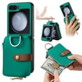 thumbnail image 1 of ELEHOLD Leather Wallet Case for Samsung Galaxy Z Flip 5, Premium Lychee Pattern Leather with Card Slots Zipper Pocket Metal Finger Ring Holder Luxury Purse Case for Samsung Z Flip 5, Green, 1 of 9