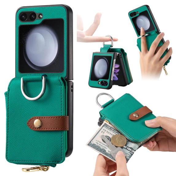 ELEHOLD Leather Wallet Case for Samsung Galaxy Z Flip 5, Premium Lychee Pattern Leather with Card Slots Zipper Pocket Metal Finger Ring Holder Luxury Purse Case for Samsung Z Flip 5, Green