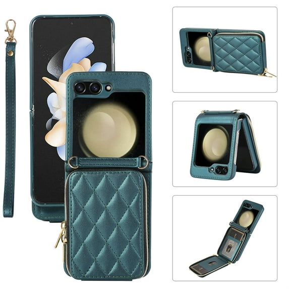 ELEHOLD Leather Wallet Case for Samsung Galaxy Z Flip 5 with Zipper Card Wallet Pocket Magnetic Buckle Stand Function Detachable Crossbody Metal Chain Strap Lanyard Shockproof Case,darkgreen