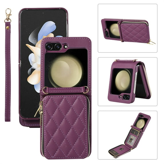 ELEHOLD Leather Wallet Case for Samsung Galaxy Z Flip 5 with Zipper Card Wallet Pocket Magnetic Buckle Stand Function Detachable Crossbody Metal Chain Strap Lanyard Shockproof Case,darkpurple