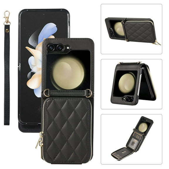 ELEHOLD Leather Wallet Case for Samsung Galaxy Z Flip 5 with Zipper Card Wallet Pocket Magnetic Buckle Stand Function Detachable Crossbody Metal Chain Strap Lanyard Shockproof Case,black