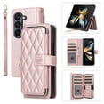thumbnail image 1 of ELEHOLD Leather Wallet Case for Samsung Galaxy Z Fold 3 with Zipper Card Wallet Pocket Magnetic Buckle Stand Function Detachable Crossbody Metal Chain Strap Lanyard Shockproof Case,rosegold, 1 of 8