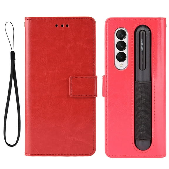 ELEHOLD Leather Wallet Case for Samsung Galaxy Z Fold 4 Folio Case with Card Slot Holder Pen Slot Wrist Strap Shockproof Scratch-Resistant Case for Galaxy Z Fold 4,Red