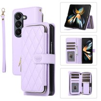 ELEHOLD Leather Wallet Case for Samsung Galaxy Z Fold 4 with Zipper Card Wallet Pocket Magnetic Buckle Stand Function Detachable Crossbody Metal Chain Strap Lanyard Shockproof Case,purple