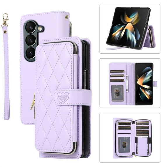 ELEHOLD Leather Wallet Case for Samsung Galaxy Z Fold 4 with Zipper Card Wallet Pocket Magnetic Buckle Stand Function Detachable Crossbody Metal Chain Strap Lanyard Shockproof Case,purple