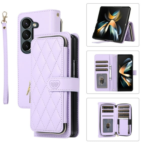 ELEHOLD Leather Wallet Case for Samsung Galaxy Z Fold 4 with Zipper Card Wallet Pocket Magnetic Buckle Stand Function Detachable Crossbody Metal Chain Strap Lanyard Shockproof Case,purple