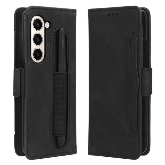ELEHOLD Leather Wallet Case for Samsung Galaxy Z Fold 5 Folio Case Business Style with Card Slot Holder Pen Slot+Stylus Pen Shockproof Scratch-Resistant Case for Galaxy Z Fold 5 2023,Black