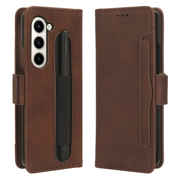 ELEHOLD Leather Wallet Case for Samsung Galaxy Z Fold 5 Folio Case Business Style with Card Slot Holder Pen Slot+Stylus Pen Shockproof Scratch-Resistant Case for Galaxy Z Fold 5 2023,Brown