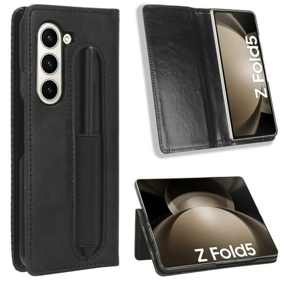 ELEHOLD Leather Wallet Case for Samsung Galaxy Z Fold 5 Folio Case Business/Vintage Style with Card Slot Holder Pen Slot Shockproof Scratch-Resistant Case for Galaxy Z Fold 5 2023,Black