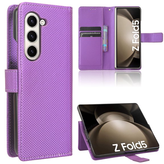 ELEHOLD Leather Wallet Case for Samsung Galaxy Z Fold 5 Folio Case with Card Slot Holder Magnetic Clasp Wrist Strap Shockproof Scratch-Resistant Case for Galaxy Z Fold 5 2023,Purple