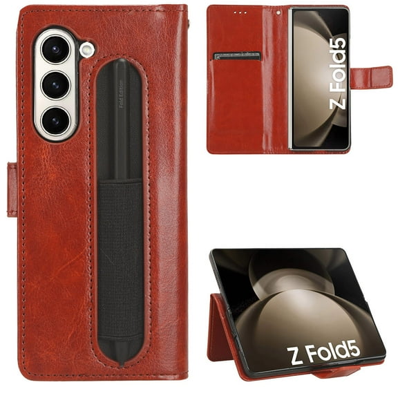 ELEHOLD Leather Wallet Case for Samsung Galaxy Z Fold 5 Folio Case with Card Slot Holder Pen Slot Wrist Strap Shockproof Scratch-Resistant Case for Galaxy Z Fold 5 2023,Brown
