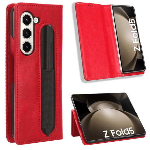 ELEHOLD Leather Wallet Case for Samsung Galaxy Z Fold 5 Folio Case Business/Vintage Style with Card Slot Holder Pen Slot Shockproof Scratch-Resistant Case for Galaxy Z Fold 5 2023,Red