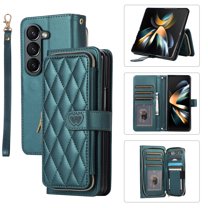 ELEHOLD Leather Wallet Case for Samsung Galaxy Z Fold 5 with Zipper Card Wallet Pocket Magnetic Buckle Stand Function Detachable Crossbody Metal Chain Strap Lanyard Shockproof Case,darkgreen