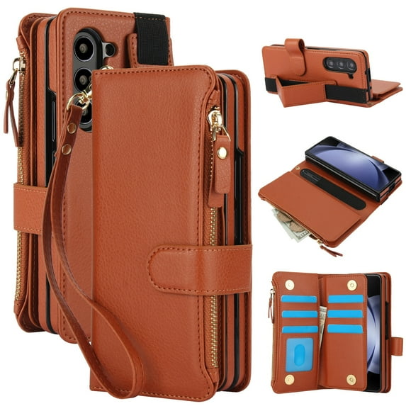 ELEHOLD Leather Wallet Case for Samsung Galaxy Z Fold7, Shockproof Zipper Pocket Card Cash Slots Shockproof Hand Grip Wallet Case Cover with Wrist Lanyard for Samsung Galaxy Z Fold7 ,Brown