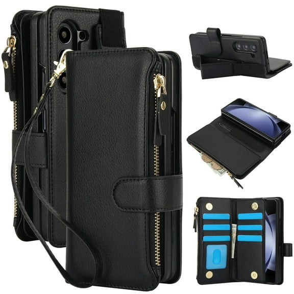 ELEHOLD Leather Wallet Case for Samsung Galaxy Z Fold7, Shockproof Zipper Pocket Card Cash Slots Shockproof Hand Grip Wallet Case Cover with Wrist Lanyard for Samsung Galaxy Z Fold7 ,Black