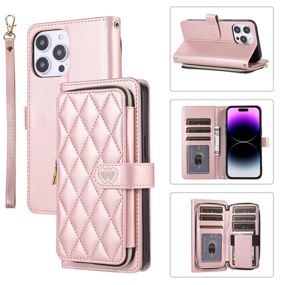 ELEHOLD Leather Wallet Case for iPhone 11 Pro with Zipper Card Wallet Pocket Magnetic Buckle Stand Function Detachable Crossbody Metal Chain Strap Lanyard Shockproof Case,rosegold