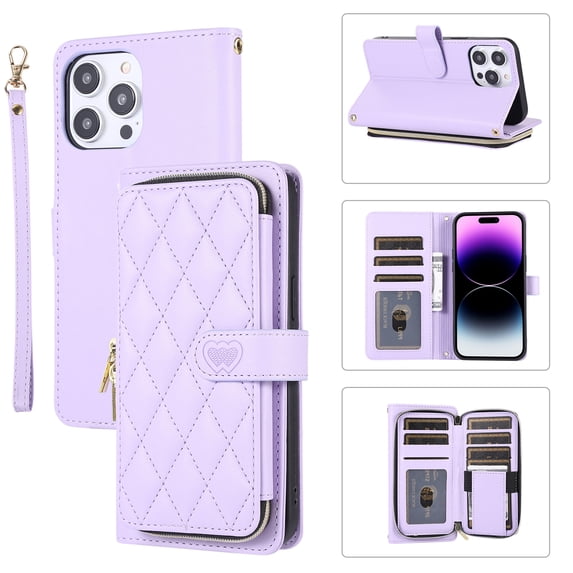 ELEHOLD Leather Wallet Case for iPhone 11 Pro with Zipper Card Wallet Pocket Magnetic Buckle Stand Function Detachable Crossbody Metal Chain Strap Lanyard Shockproof Case,purple