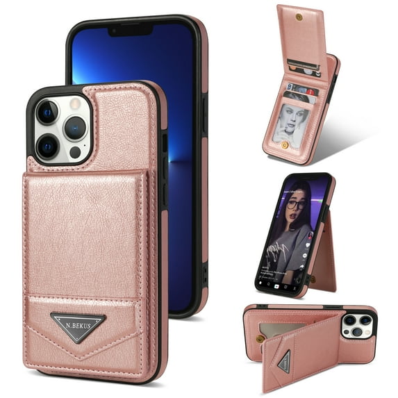 ELEHOLD Leather Wallet Case for iPhone 12 Pro / 12 6.1" with Back Flip Card Slots Magnetic Buckle Kickstand Function Shockproof Protective Leather Case for iPhone 12 Pro / 12 6.1",pink