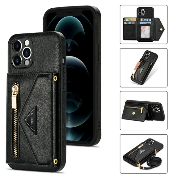 ELEHOLD Leather Wallet Case for iPhone 12 Pro Max 6.7inch with Card Slots Zipper Pocket Kickstand Function Adjustable Crossbody Shoulder Strap Shockproof Purse Phone Case , Black