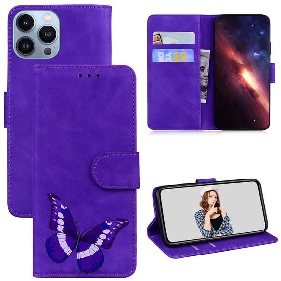 ELEHOLD Leather Wallet Case for iPhone 12 Pro Max,Butterfly Pattern with Card Slots Kickstand Magnetic Clasp Shockproof Protective Case for Women Girls,6.7 inch,Purple