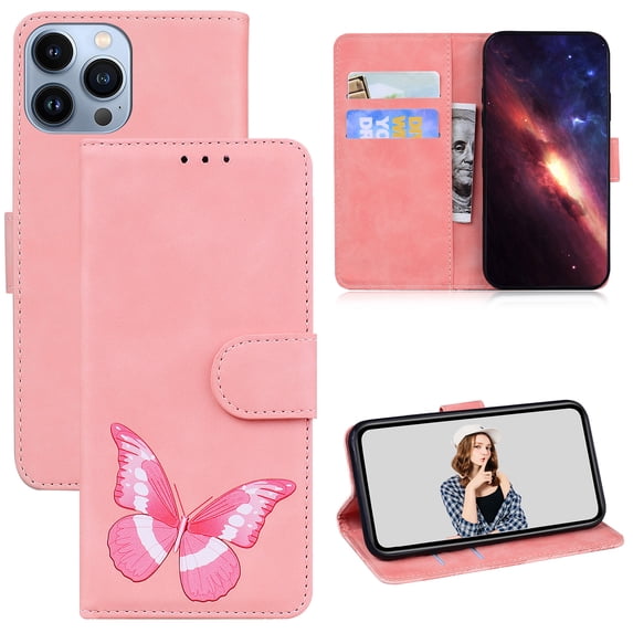 ELEHOLD Leather Wallet Case for iPhone 12 Pro Max,Butterfly Pattern with Card Slots Kickstand Magnetic Clasp Shockproof Protective Case for Women Girls,6.7 inch,Pink