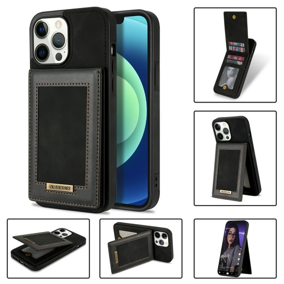 ELEHOLD Leather Wallet Case for iPhone 12 Pro Max with RFID Blocking Flip Card Slots Magnetic Button Kickstand Function Business Style Men Women Case,Black