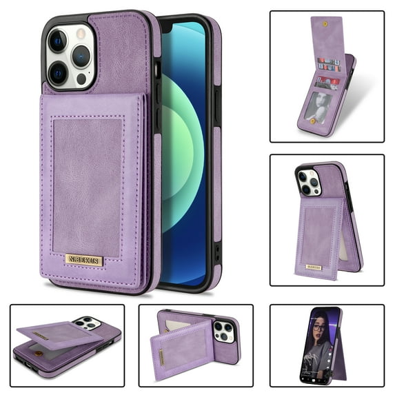 ELEHOLD Leather Wallet Case for iPhone 12 Pro Max with RFID Blocking Flip Card Slots Magnetic Button Kickstand Function Business Style Men Women Case,Purple