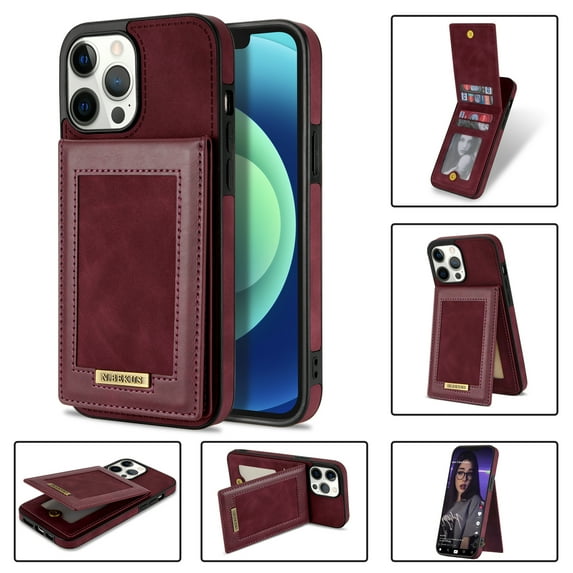 ELEHOLD Leather Wallet Case for iPhone 12 Pro Max with RFID Blocking Flip Card Slots Magnetic Button Kickstand Function Business Style Men Women Case,Winered
