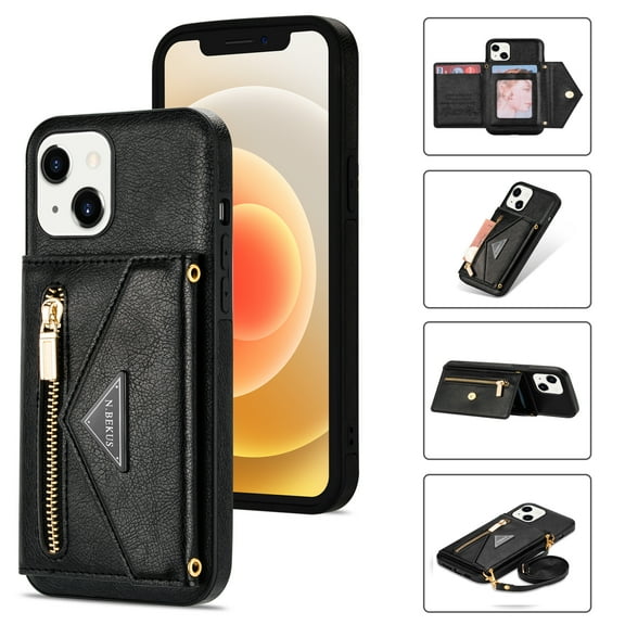 ELEHOLD Leather Wallet Case for iPhone 13 6.1 inch with Card Slots Zipper Pocket Kickstand Function Adjustable Crossbody Shoulder Strap Shockproof Purse Phone Case ,Black