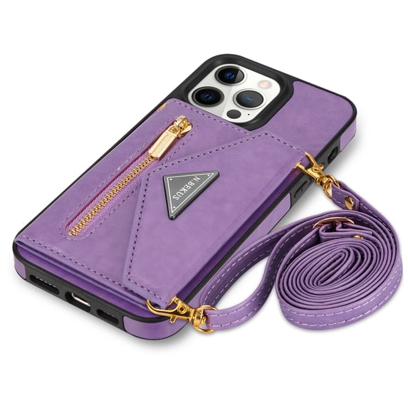 ELEHOLD Leather Wallet Case for iPhone 13 Pro 6.1 inch with Card Slots Zipper Pocket Kickstand Function Adjustable Crossbody Shoulder Strap Shockproof Purse Phone Case ,Purple