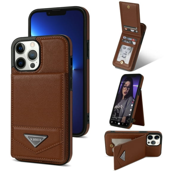 ELEHOLD Leather Wallet Case for iPhone 13 Pro with Back Flip Card Slots Magnetic Buckle Kickstand Function Shockproof Protective Leather Case for iPhone 13 Pro,brown