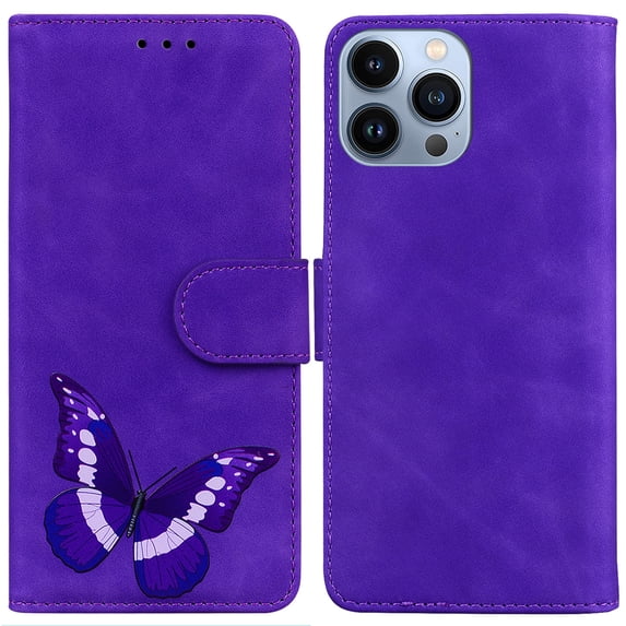 ELEHOLD Leather Wallet Case for iPhone 13 Pro Max,Butterfly Pattern with Card Slots Kickstand Magnetic Clasp Shockproof Protective Case for Women Girls,6.7 inch,Purple
