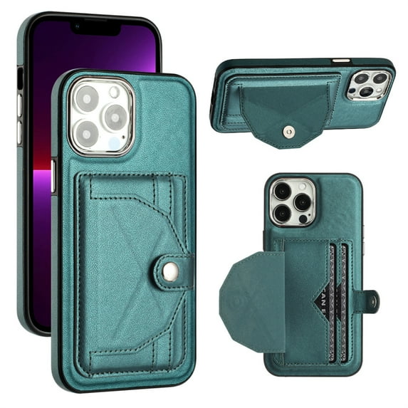 ELEHOLD Leather Wallet Case For iPhone 13 Pro Max,Premium Leather Material with Back Card Holders Magnetic Button Full Body Shockproof Luxury Case,Green