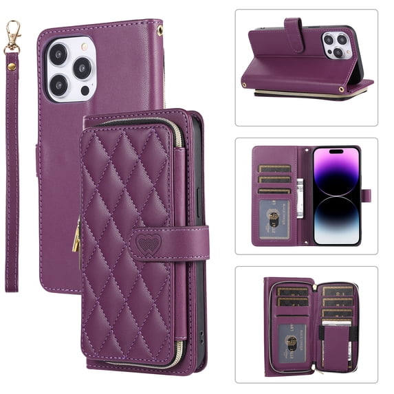 ELEHOLD Leather Wallet Case for iPhone 13 Pro with Zipper Card Wallet Pocket Magnetic Buckle Stand Function Detachable Crossbody Metal Chain Strap Lanyard Shockproof Case,darkpurple