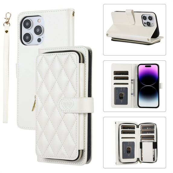 ELEHOLD Leather Wallet Case for iPhone 14 Plus with Zipper Card Wallet Pocket Magnetic Buckle Stand Function Detachable Crossbody Metal Chain Strap Lanyard Shockproof Case,white
