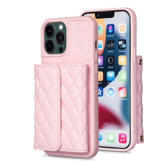 ELEHOLD Leather Wallet Case for iPhone 14 Pro Max 6.7" Organ Card Slots Argyle Pattern PU Leather with Crossbody Shoulder Strap Shockproof Luxury Purse Case,Pink