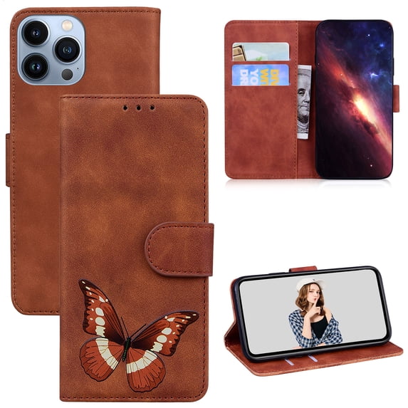 ELEHOLD Leather Wallet Case for iPhone 14 Pro Max,Butterfly Pattern with Card Slots Kickstand Magnetic Clasp Shockproof Protective Case for Women Girls,6.7 inch,Brown