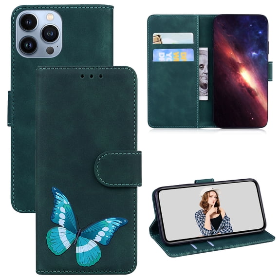 ELEHOLD Leather Wallet Case for iPhone 14 Pro Max,Butterfly Pattern with Card Slots Kickstand Magnetic Clasp Shockproof Protective Case for Women Girls,6.7 inch,Green