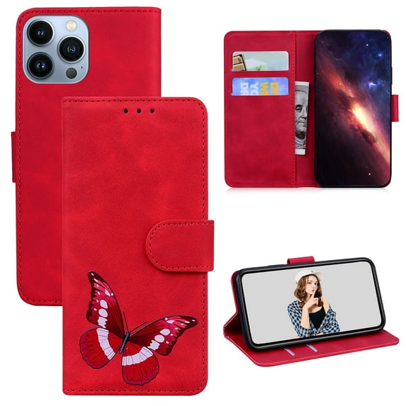 ELEHOLD Leather Wallet Case for iPhone 14 Pro Max,Butterfly Pattern with Card Slots Kickstand Magnetic Clasp Shockproof Protective Case for Women Girls,6.7 inch,Red
