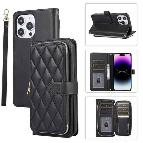 ELEHOLD Leather Wallet Case for iPhone 14 Pro Max with Zipper Card Wallet Pocket Magnetic Buckle Stand Function Detachable Crossbody Metal Chain Strap Lanyard Shockproof Case,black