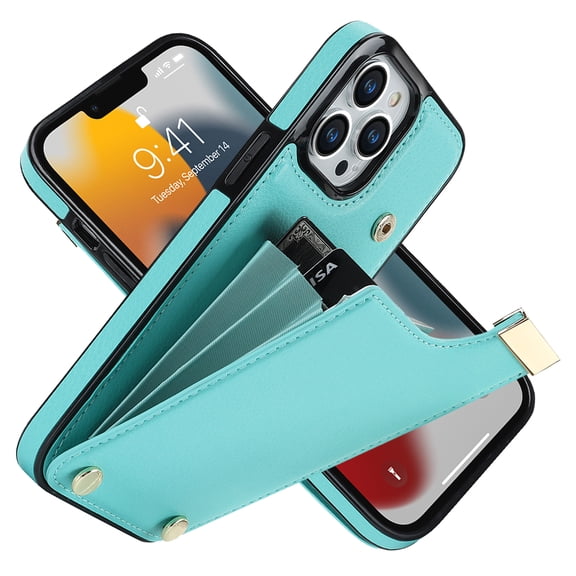 ELEHOLD Leather Wallet Case for iPhone 14 Pro,Premium Leather Material with Organ Card Slots Holders Full Body Protection Shockproof Anti-Fingerprint Purse Case,Mint