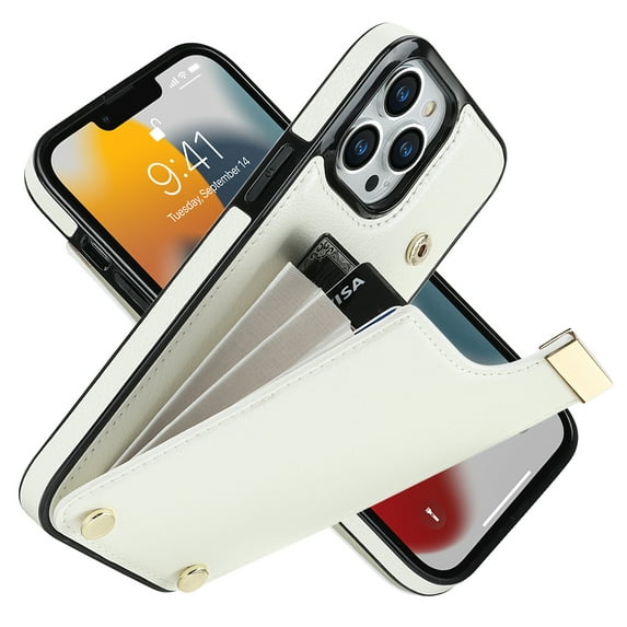 ELEHOLD Leather Wallet Case for iPhone 14 Pro,Premium Leather Material with Organ Card Slots Holders Full Body Protection Shockproof Anti-Fingerprint Purse Case,White