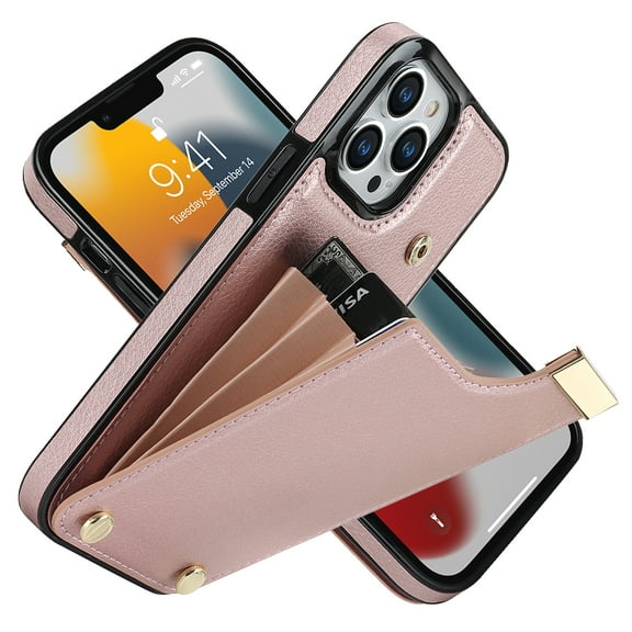 ELEHOLD Leather Wallet Case for iPhone 14 Pro,Premium Leather Material with Organ Card Slots Holders Full Body Protection Shockproof Anti-Fingerprint Purse Case,Rosegold