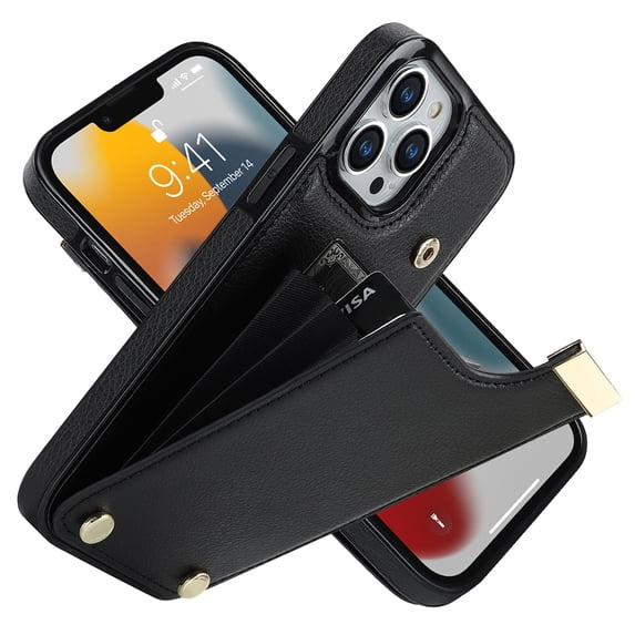 ELEHOLD Leather Wallet Case for iPhone 14 Pro,Premium Leather Material with Organ Card Slots Holders Full Body Protection Shockproof Anti-Fingerprint Purse Case,Black