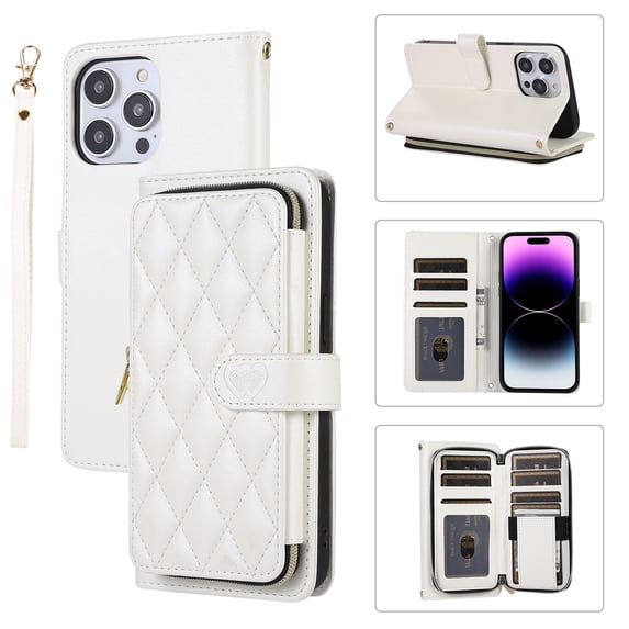ELEHOLD Leather Wallet Case for iPhone 14 Pro with Zipper Card Wallet Pocket Magnetic Buckle Stand Function Detachable Crossbody Metal Chain Strap Lanyard Shockproof Case,white