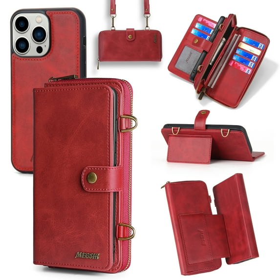 ELEHOLD Leather Wallet Case for iPhone 15 Pro 6.1" with Large Capacity 13 Card Slots Zipper Pocket Kickstand Magnetic Detachable Case Crossbody Shoulder Strap Shockproof Protective Cover,Red
